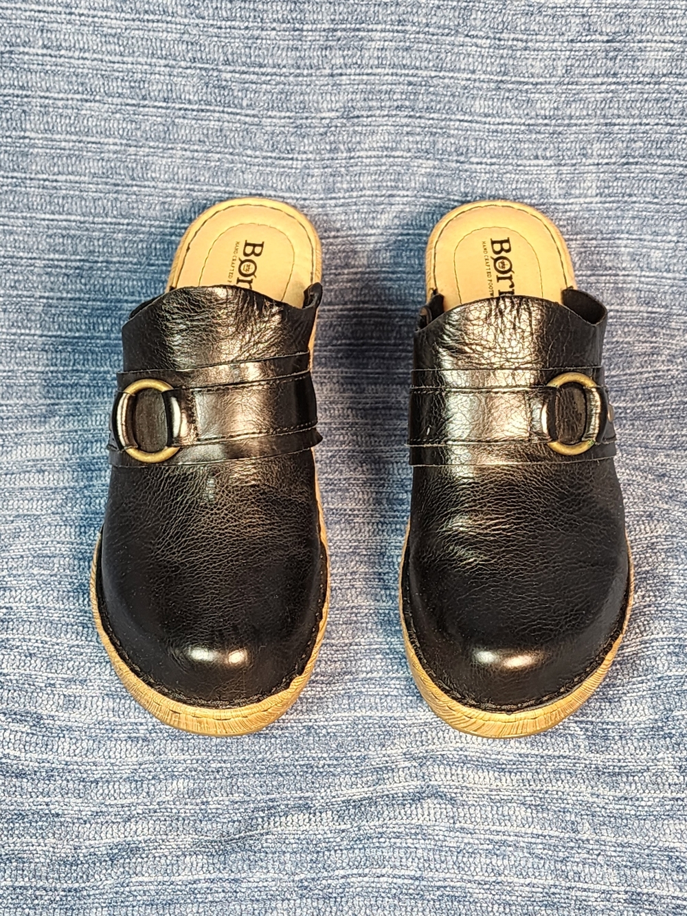 Born Black Leather Clog Mules with Tan Sole and Gold Buckle